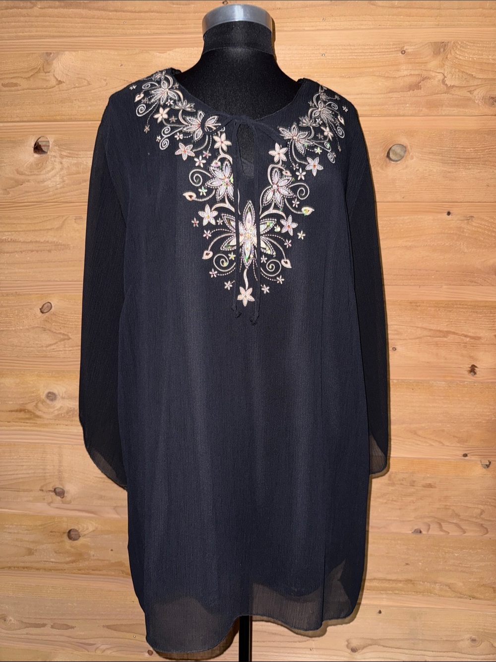 Embroidered Black Women's Tunic Top with V-Neck Tie